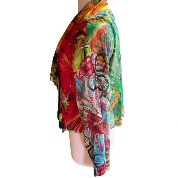 Vintage STERLING STYLES One Size Green Orange  Red Gold kimono Jacket Art Silk - Picture 4 of 8